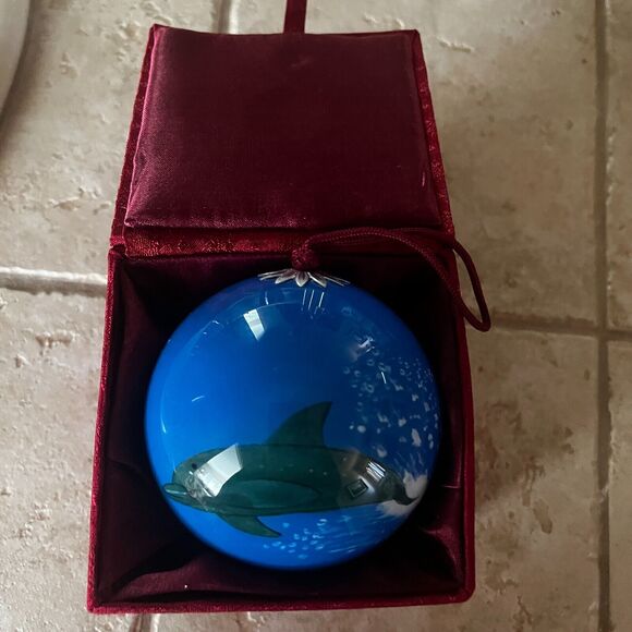 Christmas Dolphin Ornament Chase International Glass with Box - Picture 2 of 4